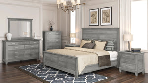 grey bedroom furniture with bed, nightstand, dresser & mirror and chest on a wood floor over a blue carpet