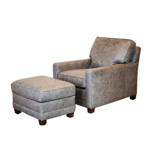 Grey Leather Arm Chair With Mahogany Finish