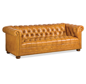 English Traditional Tufted Tan Leather Sofa