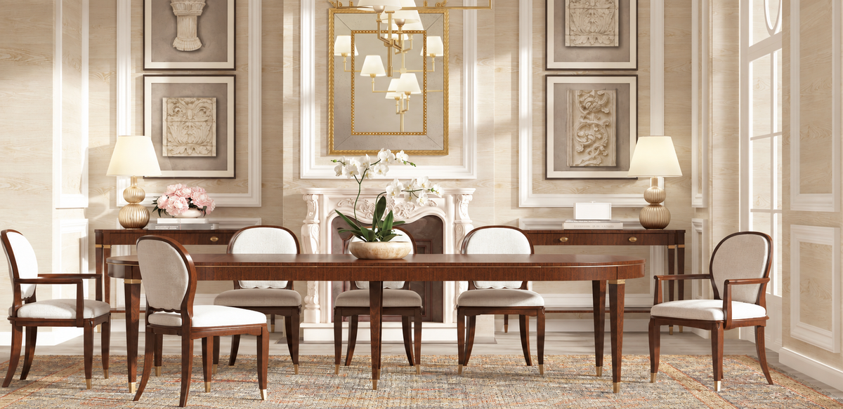 Elegant dining room with mahogany wood dining table, upholstered chairs, and sideboards at Kennedy Galleries Toronto.
